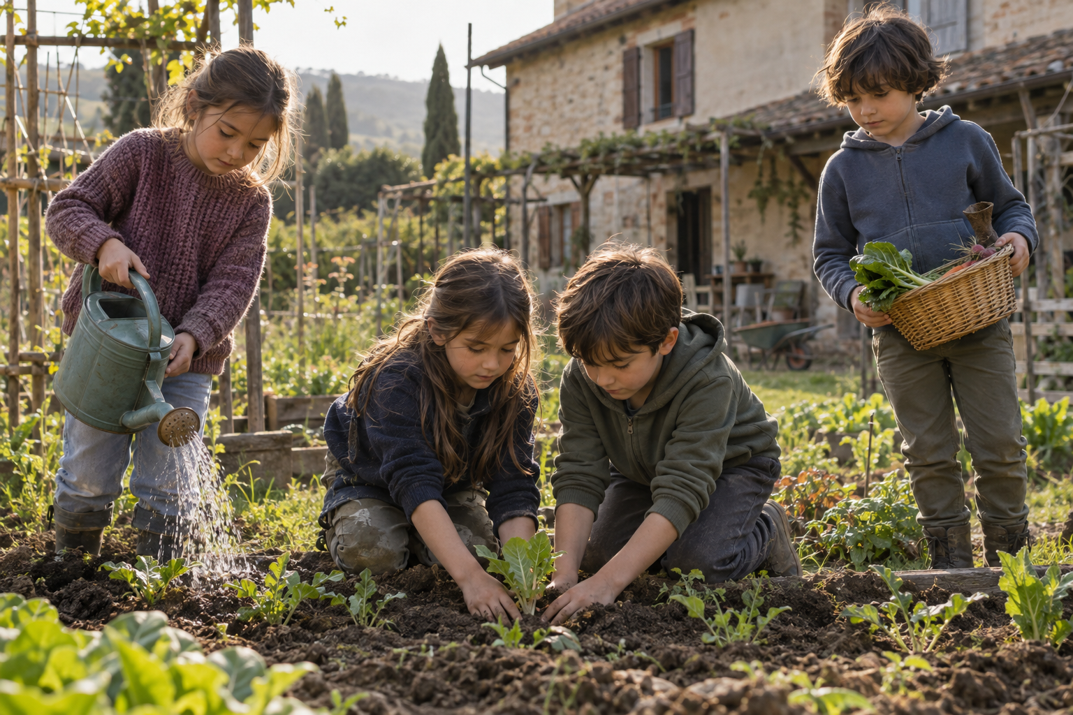 Scena illustrativa: quattro bambini collaborano in un orto, annaffiando, piantando una piantina e raccogliendo verdure.