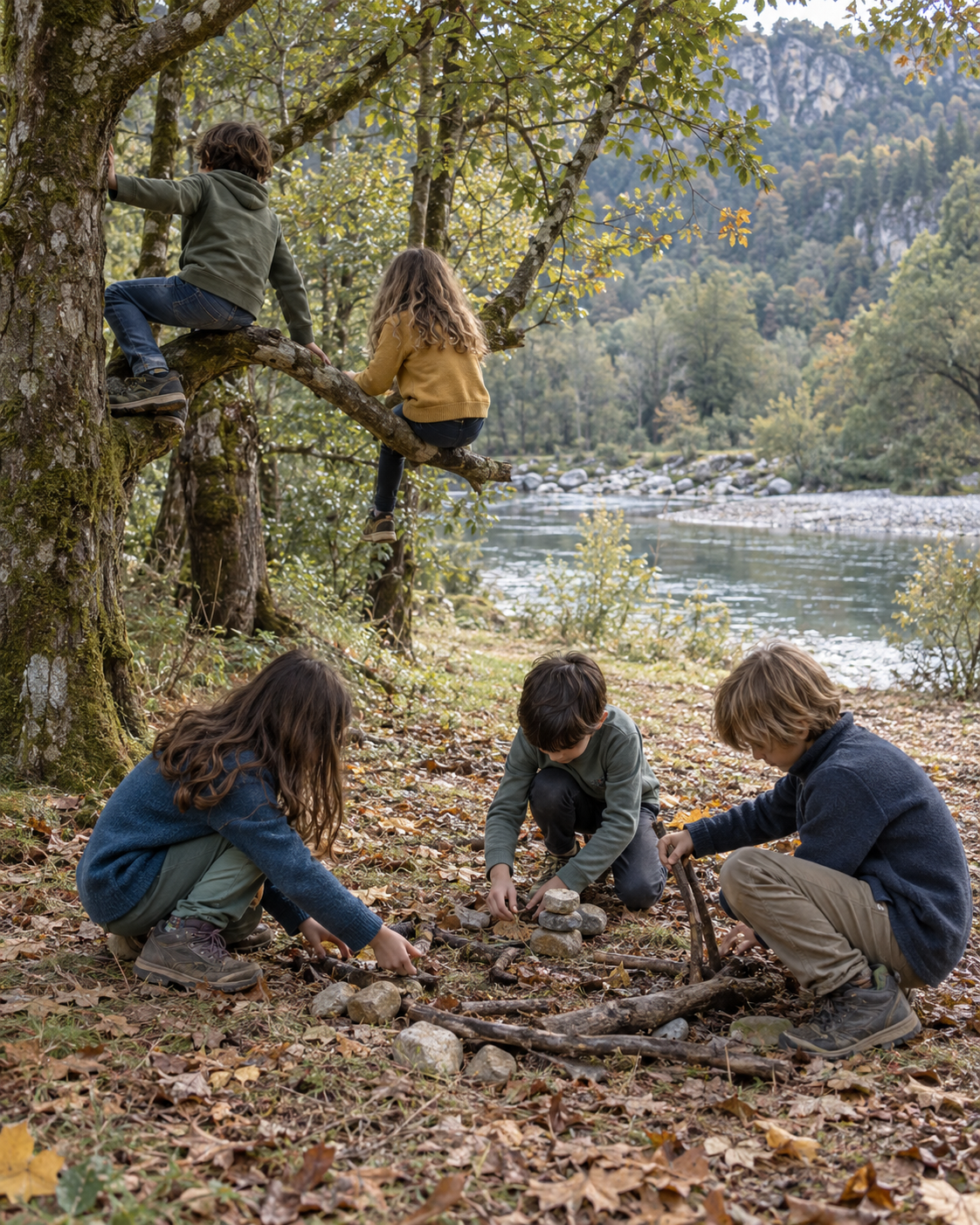 Cinque bambini giocano nel bosco vicino a un fiume: due sui rami degli alberi e tre a terra con legnetti e pietre.